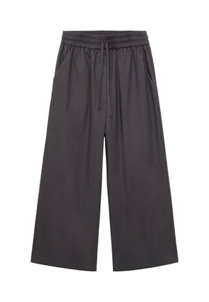 Pantalons larges gris foncé avec taille élastique et cordon de serrage, dotés de poches latérales et d'une coupe décontractée.
