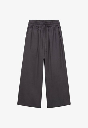 Pantaloni larghi grigio scuro con vita elastica e cordoncino, dotati di tasche laterali e dal fit rilassato.
