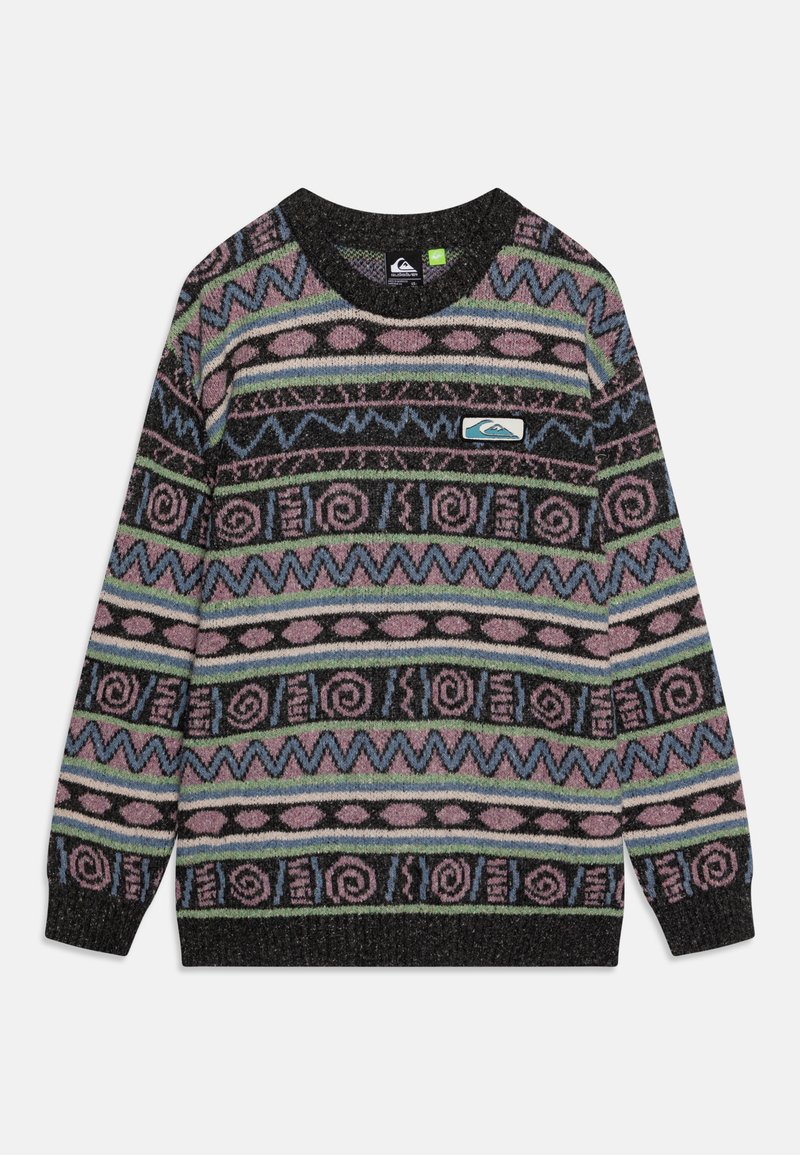 Pletený svetr se směsicí geometrických vzorů v růžové, modré a zelené na černém podkladu, s kulatým výstřihem a malým logem.