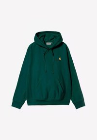 Sudadera verde hecha de mezcla de algodón, que cuenta con una capucha ajustable con cordones, un bolsillo canguro y un sutil detalle de logo en el pecho.