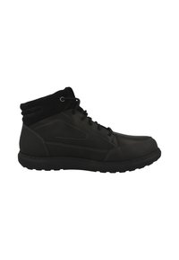 Bottes noires mi-hautes en cuir et daim, avec un système de laçage, un col rembourré et une semelle en caoutchouc texturée. Détails de surpiqûres contrastées.