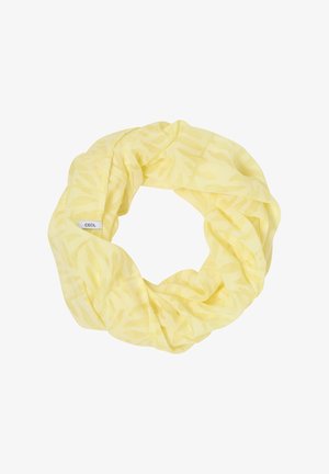 Écharpe infinie jaune avec un motif subtil de feuilles, confectionnée dans un tissu léger offrant une texture douce. Étiquette de la marque visible.