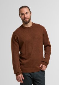 Pull en tricot brun avec un col rond, des poignets et un ourlet côtelés, et une texture douce, porté sur un pantalon foncé.
