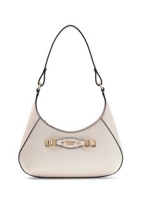 Borsa a tracolla in ecopelle beige con forma curva, rifiniture nere, dettagli in metallo dorato e una placca con il marchio sulla parte anteriore.