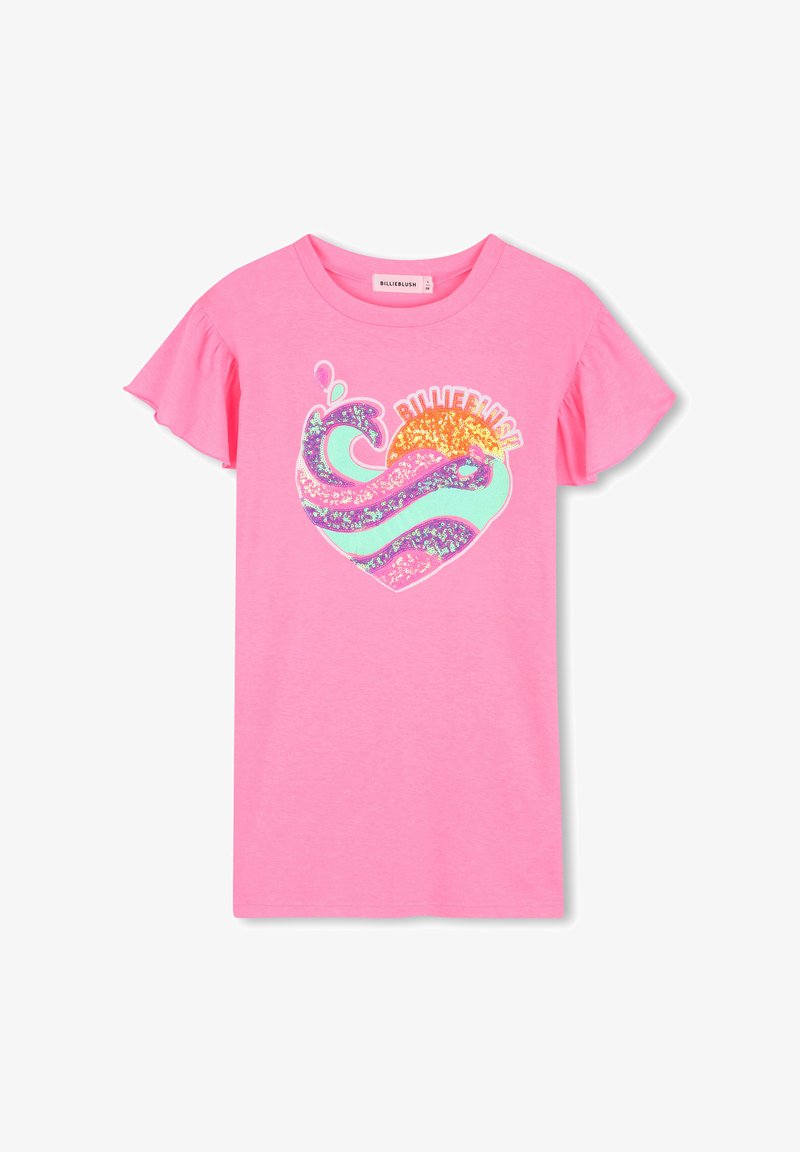 Jasnoróżowa koszulka dziecięca z krótkim rękawem, falbankami na rękawach oraz cekinowym sercem przedstawiającym falę, słońce i napis "Billieblush".