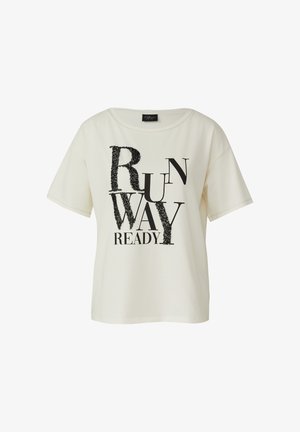 Off-white short-sleeve T-shirt with mixed black textured and printed letters spelling "RUNWAY READY" on the front.