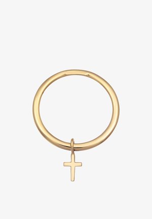 Gouden metalen ring met een gladde afwerking, met een klein kruisje dat aan de basis is bevestigd. Eenvoudig rond ontwerp, minimalistisch en elegant.