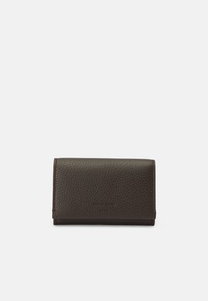 Dark brown textured leather wallet with a folded design, stitching along edges, and subtle embossed brand text on front center.