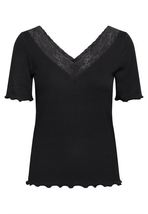 Top noir à manches courtes avec une texture côtelée, arborant un décolleté en V bordé de dentelle et des bords festonnés sur les manches et l'ourlet.