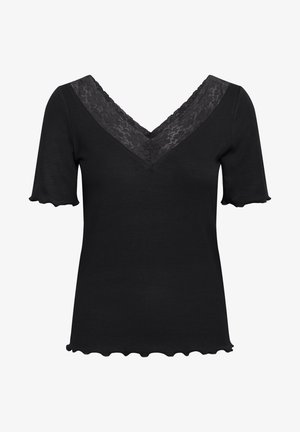 Czarny top z krótkim rękawem o prążkowanej strukturze, z dekoltem w kształcie litery V wykończonym koronką oraz falistymi brzegami rękawów i dołu.