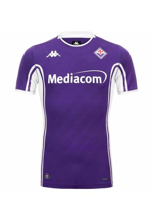 Maillot de football violet avec col blanc et bandes latérales, logo Mediacom à l'avant, logos de la marque Kappa, et écusson du club Fiorentina sur la poitrine.