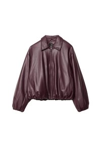 Bourgognefarvet cropped jakke i kunstlæder med lynlås foran, stor krave og elastisk kant, med voluminøse ærmer.