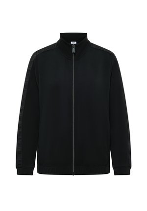 Černá zipová bunda vyrobená z hladkého, elastického materiálu. Obsahuje vysoký límec a texturované vzorované akcenty na rukávech.
