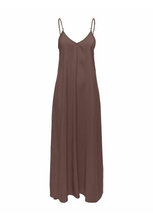 Barna ujjatlan maxiruha vékony csavart pántokkal és V-nyakkivágással, laza és áramló sziluettel.