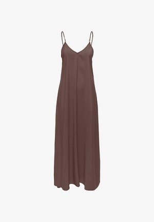 Bruine mouwloze maxi-jurk met dunne gedraaide bandjes en een V-hals, met een losse en vloeiende silhouet.
