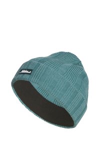 Bonnet en tricot teal avec une texture côtelée fine et une doublure en polaire noire ; présente une petite étiquette noire sur le côté.