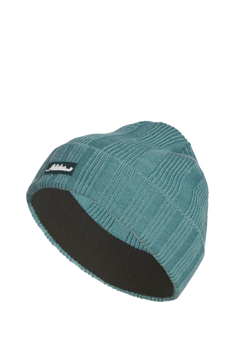 Bonnet en tricot teal avec une texture côtelée fine et une doublure en polaire noire ; présente une petite étiquette noire sur le côté.