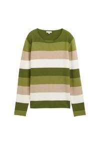 Gestreifter Pullover mit rundem Ausschnitt, langen Ärmeln und unterschiedlichen Grüntönen, beigefarben sowie Weiß in einem strukturierten Strickstoff.