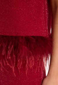 Rode top met een glinsterende, sprankelende textuur en een gedurfde, gevederde zoomdetail. De veren zijn rijk burgundy, wat een tactiel element toevoegt.