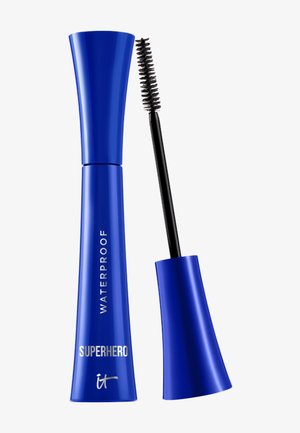 Blue waterproof mascara tube labeled "Superhero it" with a black spiral brush applicator held next to the open cap against a white background.