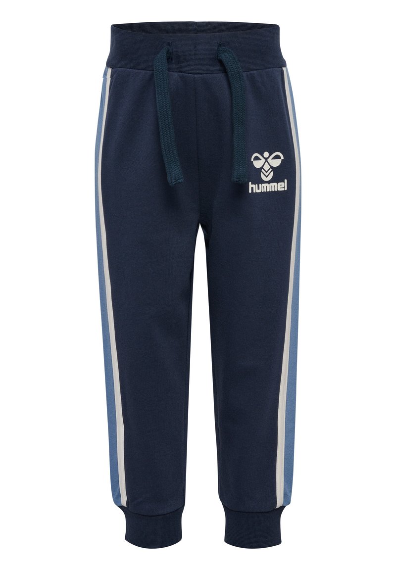 Marina joggerbyxor i en bomullsblandning, med dragsko i midjan, vita och ljusblå sidostråkar samt en logotyp framtill.