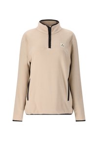 Beige fleece pullover met een half-rits kraag, contrasterende zwarte afwerking, twee zijzakken en een klein logo op de borst.
