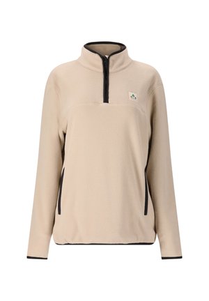 Beige fleece-pullover med halvdragkedja, kontrasterande svart trim, två sidofickor och en liten logotyp på bröstet.