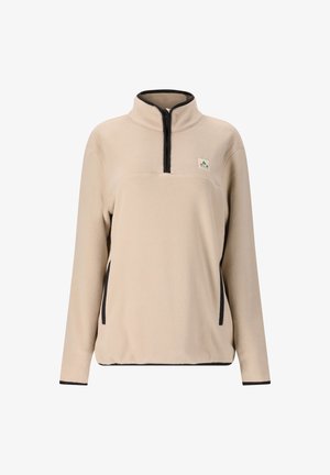 Beige fleece pullover med halv lynlås krave, kontrasterende sort kant, to sidelommer og et lille logo på brystet.