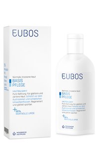 EUBOS Basis Pflege, a white bottle with a flip-top lid, features blue text and symbols. The plain box includes product details and benefits.