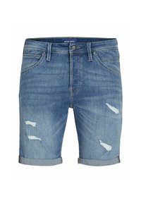 Lichtblauwe denim shorts met een verstoord ontwerp, voorzien van gescheurde accenten en opgerolde boorden. Branding zichtbaar op de tailleband.