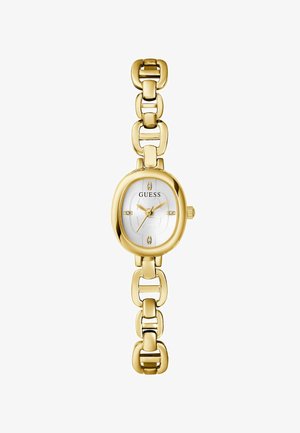 Orologio Guess in tonalità oro con quadrante ovale bianco, indicatori delle ore in cristallo alle 12, 3, 6, 9, e bracciale a catena collegata.