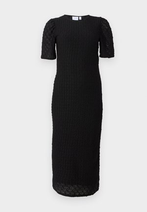Robe noire midi avec des manches courtes bouffantes et un motif en dentelle circulaire sur l'ensemble, dotée d'un col rond et d'une coupe droite.