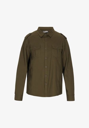 Alyvuogių žalia ilgomis rankovėmis marškiniai, pagaminti iš audinio su dviem krūtinės kišenėmis, sagstomu priekiu ir epauletais ant pečių. Lygi tekstūra.