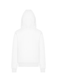 White hoodie with a relaxed fit, featuring a kangaroo pocket and ribbed cuffs. Smooth texture, simple design, and adjustable drawstring hood.
