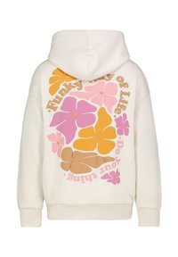 Crème hoodie met een grote bloemenafbeelding op de achterkant in roze, oranje en bruine tinten, met de tekst "Funky way of Life" in roze.
