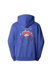 Blue hoodie with a graphic print featuring a sunset, mountains, and silhouettes of people. Text reads, “Need to Stop Exploring!”