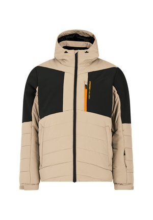 Beige en zwarte gewatteerde jas met een ritsluiting en een verstelbare capuchon. Voorzien van een oranje ritszak en contrasterende schouderpanelen.