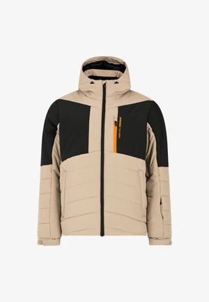 Bežinė ir juoda paminkštinta striukė su užtrauktuku ir reguliuojamu gobtuvu. Yra oranžinė kišenė su užtrauktuku ir kontrastingos peties detalės.