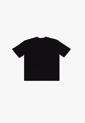 Black short-sleeve t-shirt featuring a crew neck, made from smooth fabric, with a loose fit and simple design.