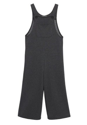 Ciemnoszare ogrodniczki w szerokie prążki, z przednią kieszenią na piersi i szelkami zapinanymi na czarne guziki.