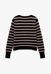 Sweter w paski w poziome czarne i beżowe pasy, dzianinowa struktura, długie rękawy, okrągły dekolt oraz ściągacze na rękawach i u dołu.