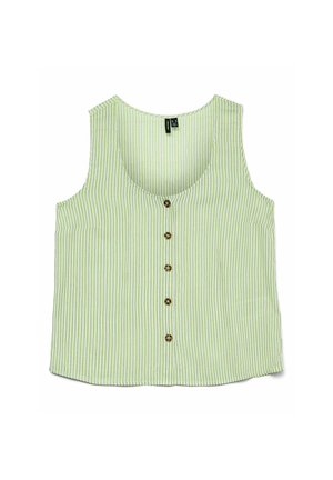 Haut sans manches rayé vert avec un col rond, cinq boutons marron sur le devant et une poche latérale. Tissu léger.
