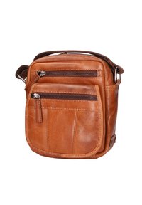 Borsa a tracolla in pelle marrone con due tasche con zip, tracolla regolabile e superficie liscia. Presenta dettagli in cucitura e un design compatto.