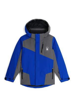Veste de ski bleu et gris avec un motif géométrique, dotée d'une capuche, de fermetures éclair et d'un logo sur la poitrine. Fabriquée en matériau résistant à l'eau.