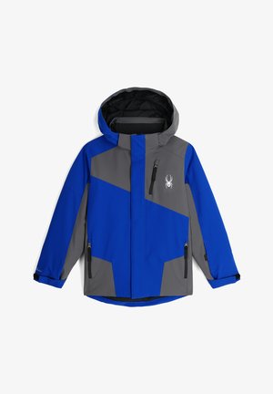 Blauwe en grijze skijack met een geometrisch ontwerp, voorzien van een capuchon, ritsen en een logo op de borst. Gemaakt van een waterafstotend materiaal.