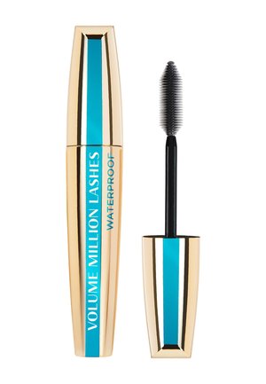 Tube doré de mascara Volume Million Lashes waterproof avec bande bleue, montré fermé et avec l'applicateur brosse exposé.