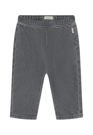 Grijze elastische babybroek met zijlabel, rechte pijpen en zichtbare stikseldetails.
