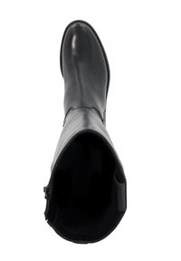 Tall black leather boot with rounded toe, side zipper, and smooth finish, viewed from top-down perspective.