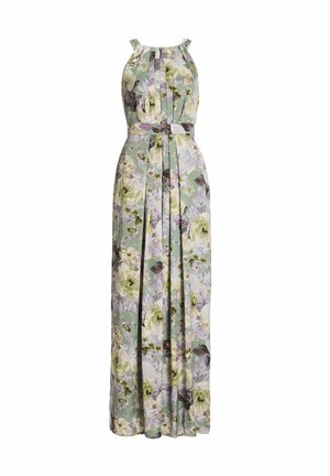 Robe maxi florale en vert clair avec un haut plissé et des bretelles réglables. Présente des motifs floraux en lavande, jaune et marron. Taille ceinturée.