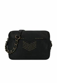 Borsa a tracolla nera in pelle con tracolla a catena, caratterizzata da borchie dorate a forma di cuore sul davanti e chiusura con zip sulla parte superiore.